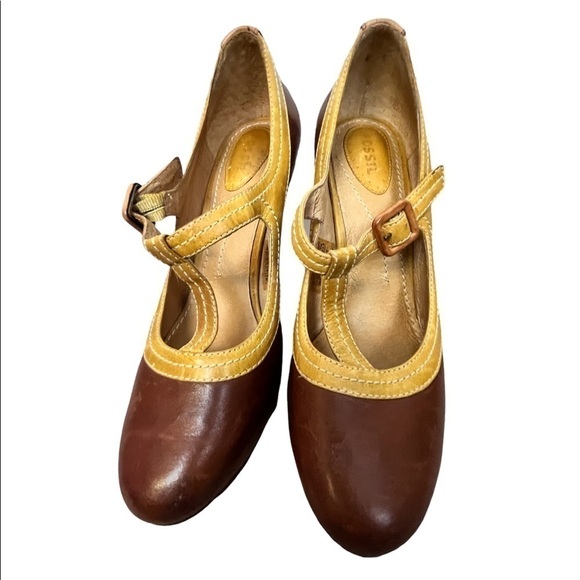 VTG Y2K FOSSIL 7 Retro Chunky Heels Pointed Toe Genuine Leather Academia preppy - Picture 6 of 7